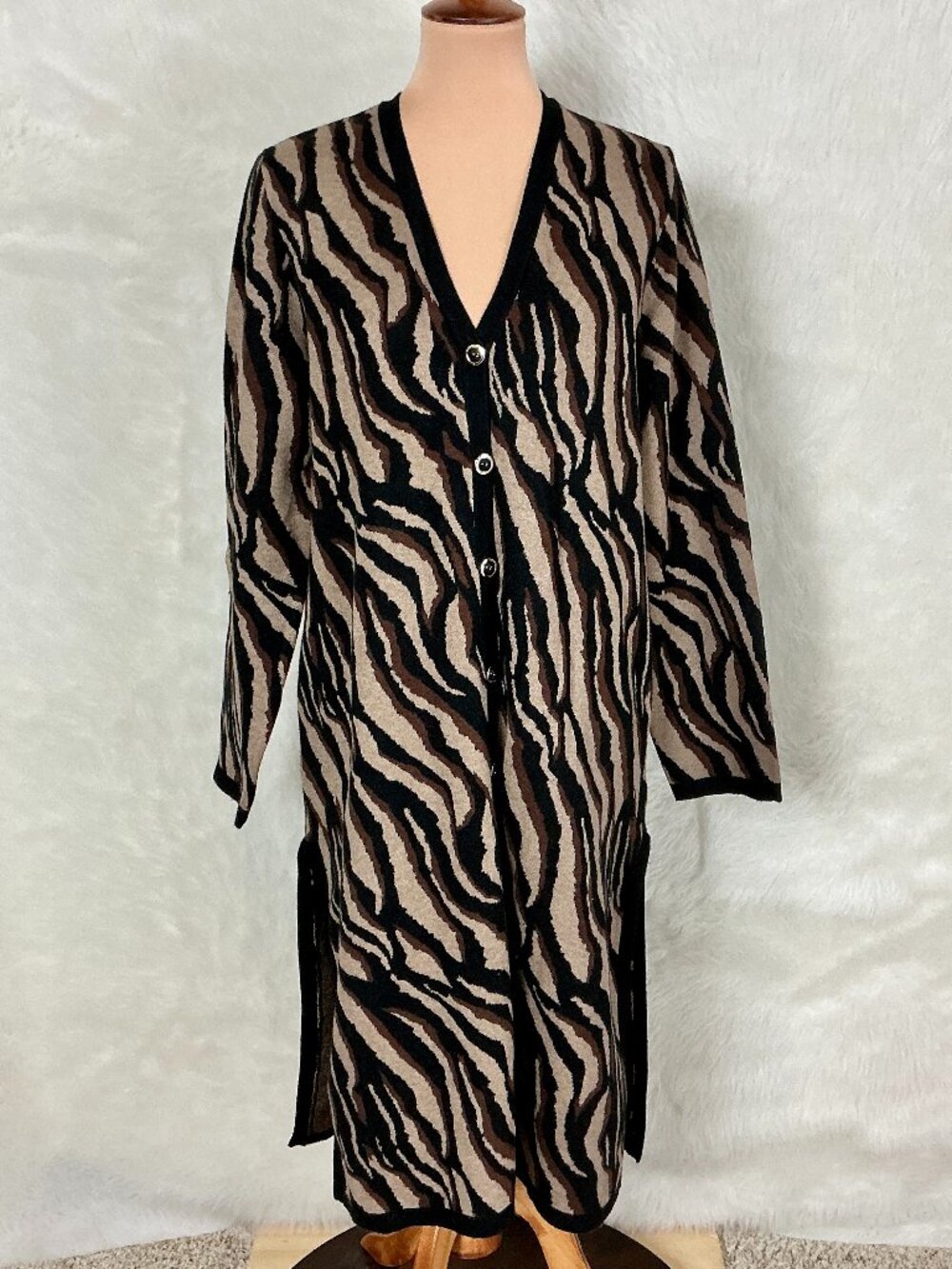 Soft Surroundings Veronica Jacquard Cardigan Duster Sweater Neutral Animal NWT L